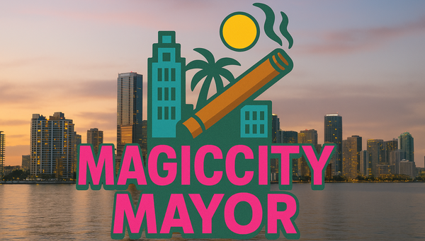 The City of Miami Skyline behind a logo of buildings, palm trees, cigar and sun. Underneath a hot pink text of Magic City Mayor